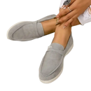 Gray suede loafers.