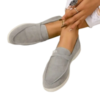 Gray suede loafers.