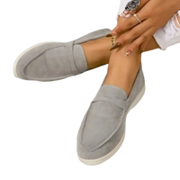 Gray suede loafers.