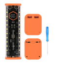 Orange-cased power bank with screwdriver and screws.