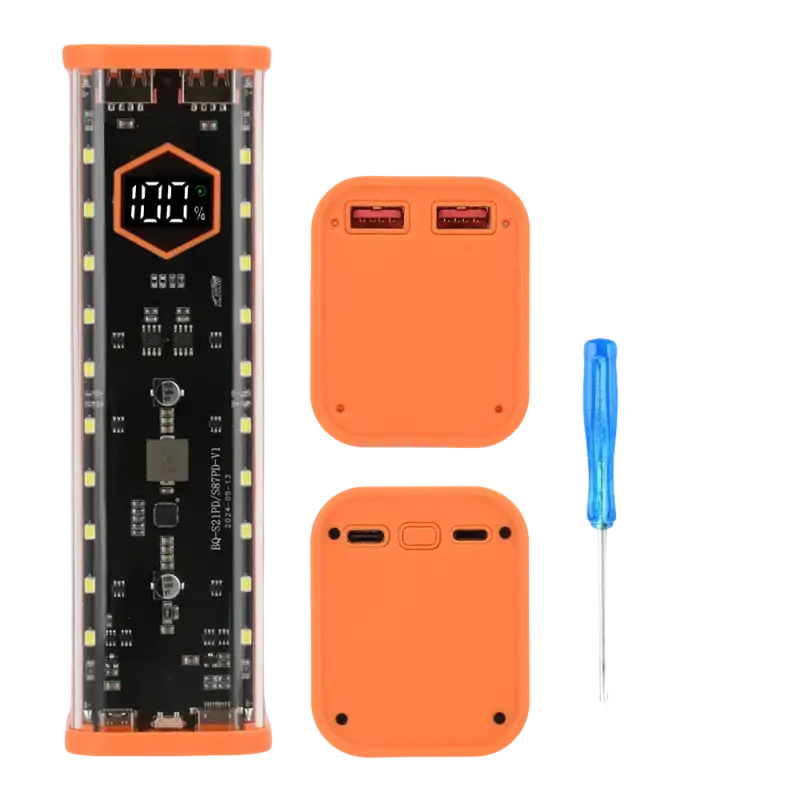 Orange-cased power bank with screwdriver and screws.