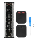 Rectangular power bank with LED display and ports.