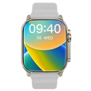 Silver smartwatch with white band.