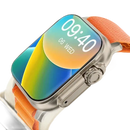 Silver smartwatch with orange band.