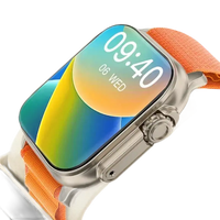 Silver smartwatch with orange band.