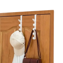 Over-the-door coat rack with hanging accessories.