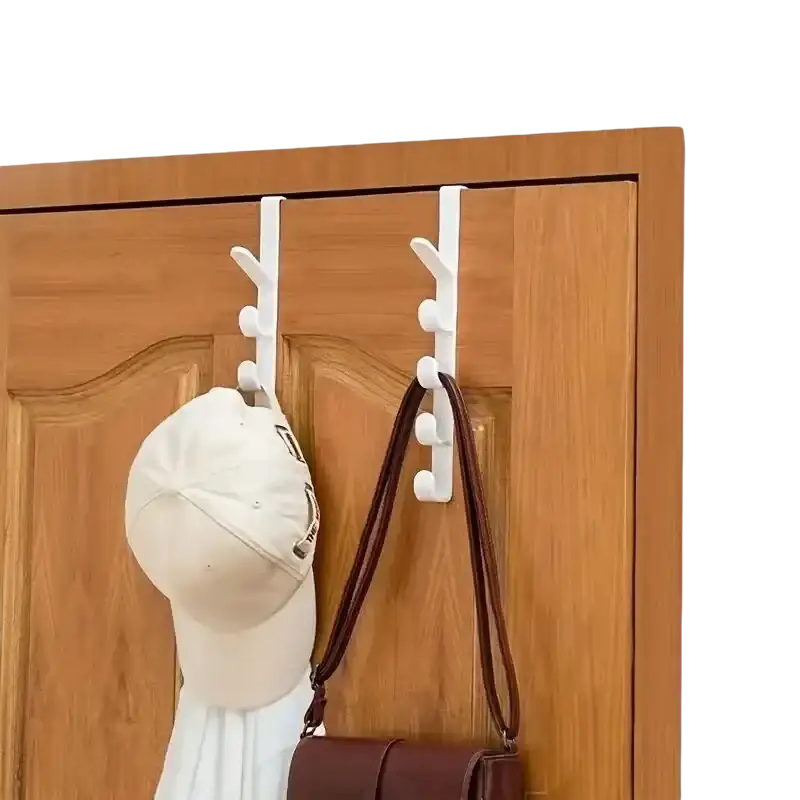 Over-the-door coat rack with hanging accessories.