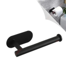 Black metal toilet paper holder with dimensions.