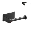 Black metal toilet paper holder with dimensions.