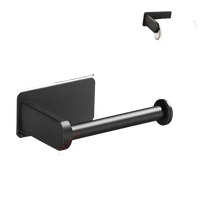 Black metal toilet paper holder with dimensions.