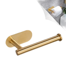 Gold-colored toilet paper holder with dimensions.