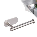 Silver metal toilet paper holder with dimensions.