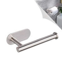 Silver metal toilet paper holder with dimensions.