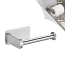 Silver toilet paper holder with adhesive backing and dimension labels.