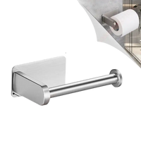 Silver toilet paper holder with adhesive backing and dimension labels.