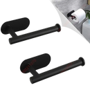 Black metal toilet paper holders with dimensions.