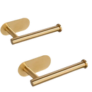 Two gold-colored toilet paper holders with dimensions.