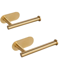 Two gold-colored toilet paper holders with dimensions.