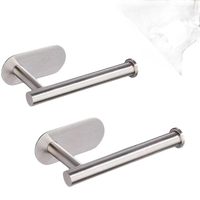 Two stainless steel toilet paper holders with adhesive backing and dimensions.