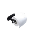 Black toilet paper holder with white roll.
