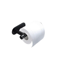 Black toilet paper holder with white roll.