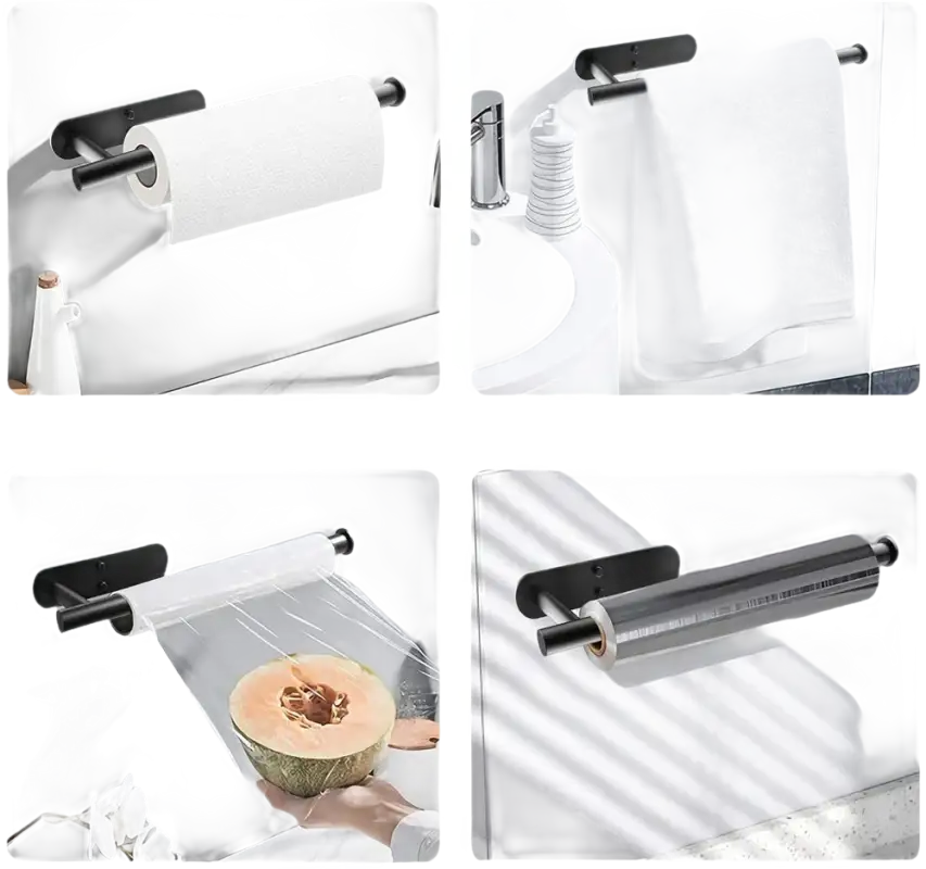 Black wall-mounted paper towel holder.