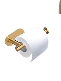 Gold-toned toilet paper holder with white roll.
