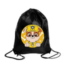 Black drawstring bag with cartoon dog.
