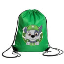 Green drawstring bag with cartoon dog.