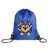 Blue drawstring bag with cartoon dog.
