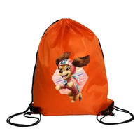 Orange drawstring bag with cartoon dog.