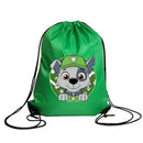 Green drawstring bag with cartoon dog.