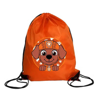 Orange drawstring backpack with cartoon dog.