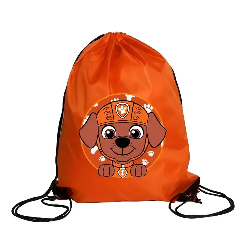 Orange drawstring backpack with cartoon dog.