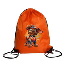 Orange drawstring bag with cartoon dog.