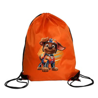 Orange drawstring bag with cartoon dog.