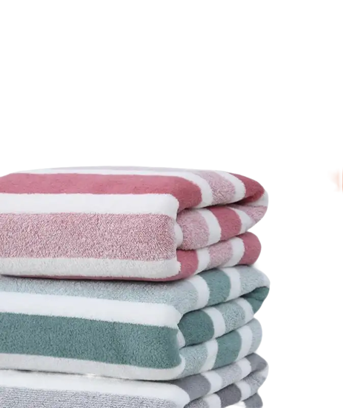 Stacked striped bath towels.