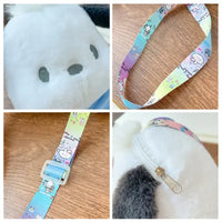 Pochacco plush purse with rainbow strap.