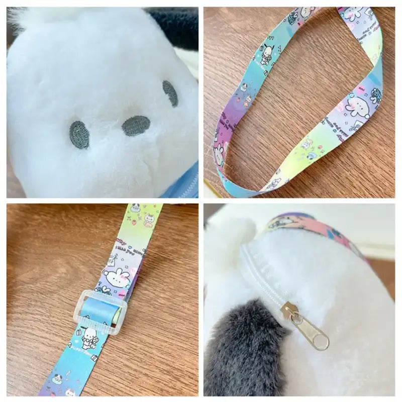 Pochacco plush purse with rainbow strap.