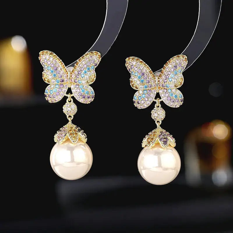 Precious Green Gem Butterfly Pearl Earrings Trendy Style