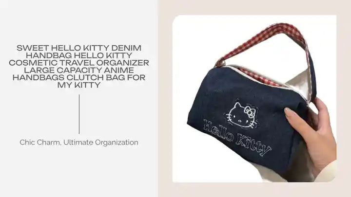 Sweet Hello Kitty Denim Handbag Hello Kitty cosmetic travel organizer large capacity Anime Handbags clutch bag for my Kitty