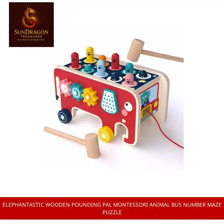 Elephantastic Wooden Pounding Pal Montessori Animal Bus number maze puzzle
