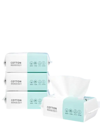 Stacked packages of cotton face towels.