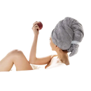 Gray waffle-knit hair towel.