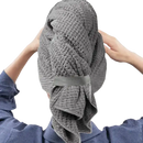 Gray waffle-weave hair towel wrap.
