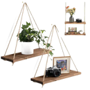 Rustic hemp hanging floating plant shelf that looks trendy like a wooden swing