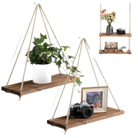 Rustic hemp hanging floating plant shelf that looks trendy like a wooden swing