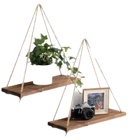 Trendy Rad Floating Plant Shelf with rustic hemp ropes hanging like a wooden swing