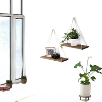 Hanging rustic hemp floating plant shelf designed like a wooden swing for your home