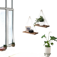 Rustic hemp floating plant shelf hanging like a trendy wooden swing